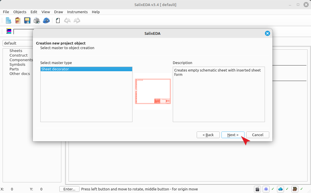 Proceeding to schematic formatting selection