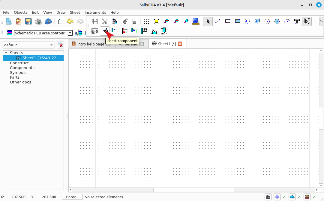 Component insertion mode button into schematic